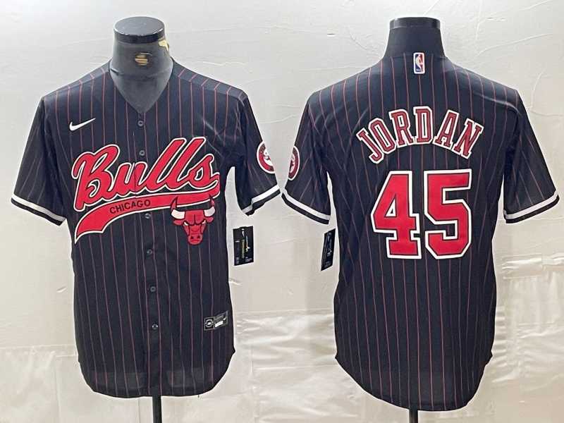 Mens Chicago Bulls #45 Michael Jordan Black Pinstripe Cool Base Stitched Baseball Jersey